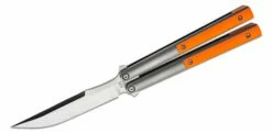 Biegler Bladeworks Custom Corsair Balisong Butterfly Knife 4.375″ D2 Satin Clip Point Blade, Milled Titanium Handles With Soft Tail Orange G10 Inlays