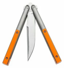 Biegler Bladeworks Custom Corsair Balisong Butterfly Knife 4.375″ D2 Satin Clip Point Blade, Milled Titanium Handles With Soft Tail Orange G10 Inlays -SANFORD CUSTOM KNIVES Sales BGWCSD2ORG 3