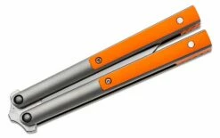 Biegler Bladeworks Custom Corsair Balisong Butterfly Knife 4.375″ D2 Satin Clip Point Blade, Milled Titanium Handles With Soft Tail Orange G10 Inlays -SANFORD CUSTOM KNIVES Sales BGWCSD2ORG 4