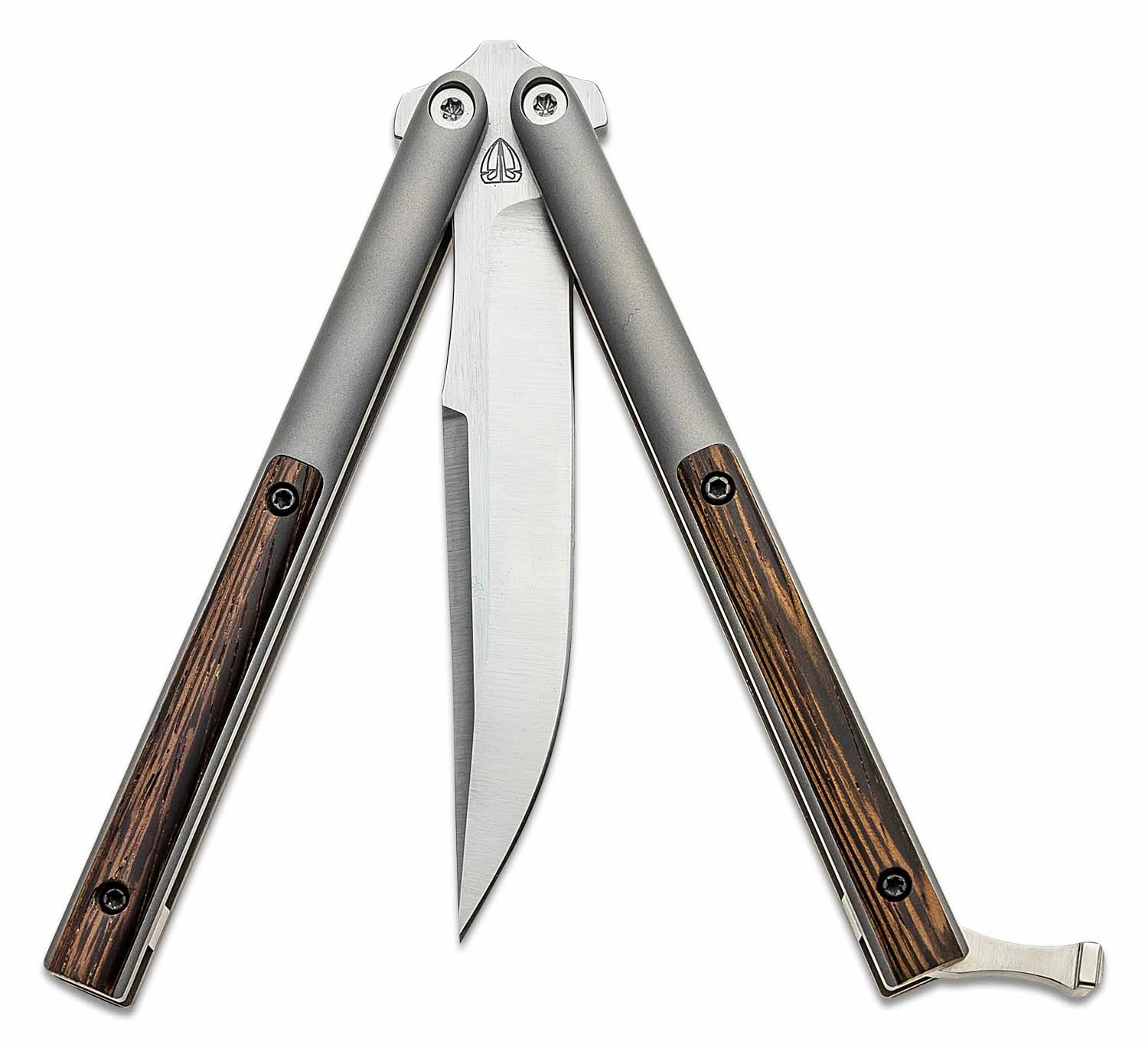 Biegler Bladeworks Custom Corsair Balisong Butterfly Knife 4.375″ D2 Satin Clip Point Blade, Milled Titanium Handles With Soft Tail Wenge Wood Inlays 5 Biegler Bladeworks Custom Corsair Balisong Butterfly Knife 4.375″ D2 Satin Clip Point Blade, Milled Titanium Handles With Soft Tail Wenge Wood Inlays - Image 3
