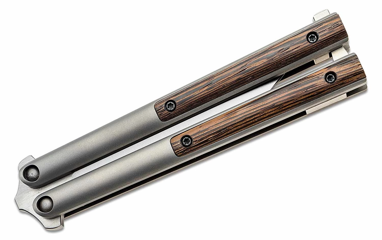 Biegler Bladeworks Custom Corsair Balisong Butterfly Knife 4.375″ D2 Satin Clip Point Blade, Milled Titanium Handles With Soft Tail Wenge Wood Inlays 6 Biegler Bladeworks Custom Corsair Balisong Butterfly Knife 4.375″ D2 Satin Clip Point Blade, Milled Titanium Handles With Soft Tail Wenge Wood Inlays - Image 4