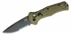 Benchmade 9070SBK-1 Claymore AUTO Folding Knife 3.6″ CPM-D2 Cobalt Black Drop Point Combo Blade, Ranger Green Grivory Handles