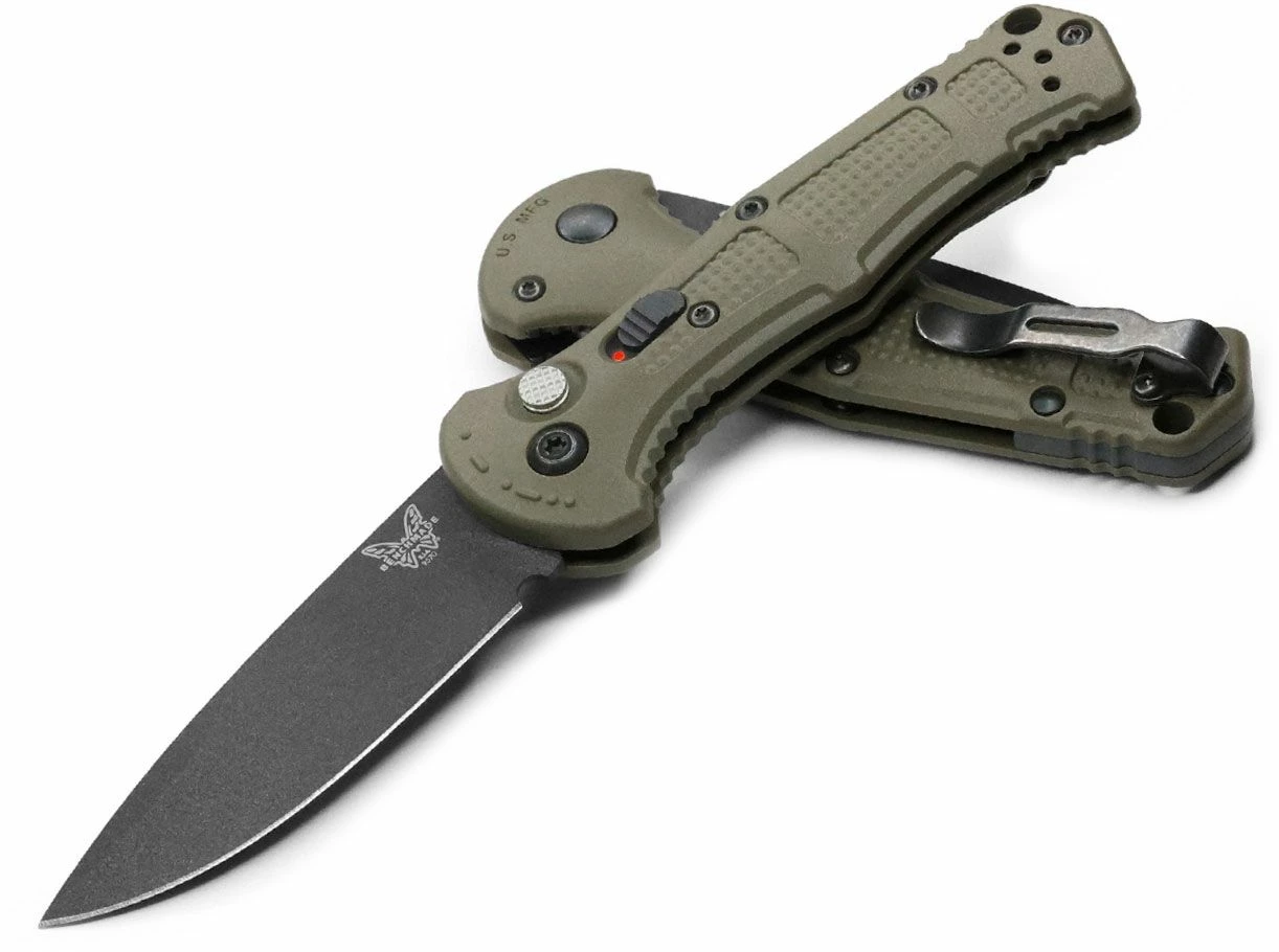 Benchmade 9071BK-1 Claymore AUTO Folding Knife 3.6″ CPM-D2 Cobalt Black Tanto Plain Blade, Ranger Green Grivory Handles 3 Benchmade 9071BK-1 Claymore AUTO Folding Knife 3.6″ CPM-D2 Cobalt Black Tanto Plain Blade, Ranger Green Grivory Handles