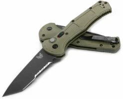 Benchmade 9071SBK-1 Claymore AUTO Folding Knife 3.6″ CPM-D2 Cobalt Black Tanto Combo Blade, Ranger Green Grivory Handles