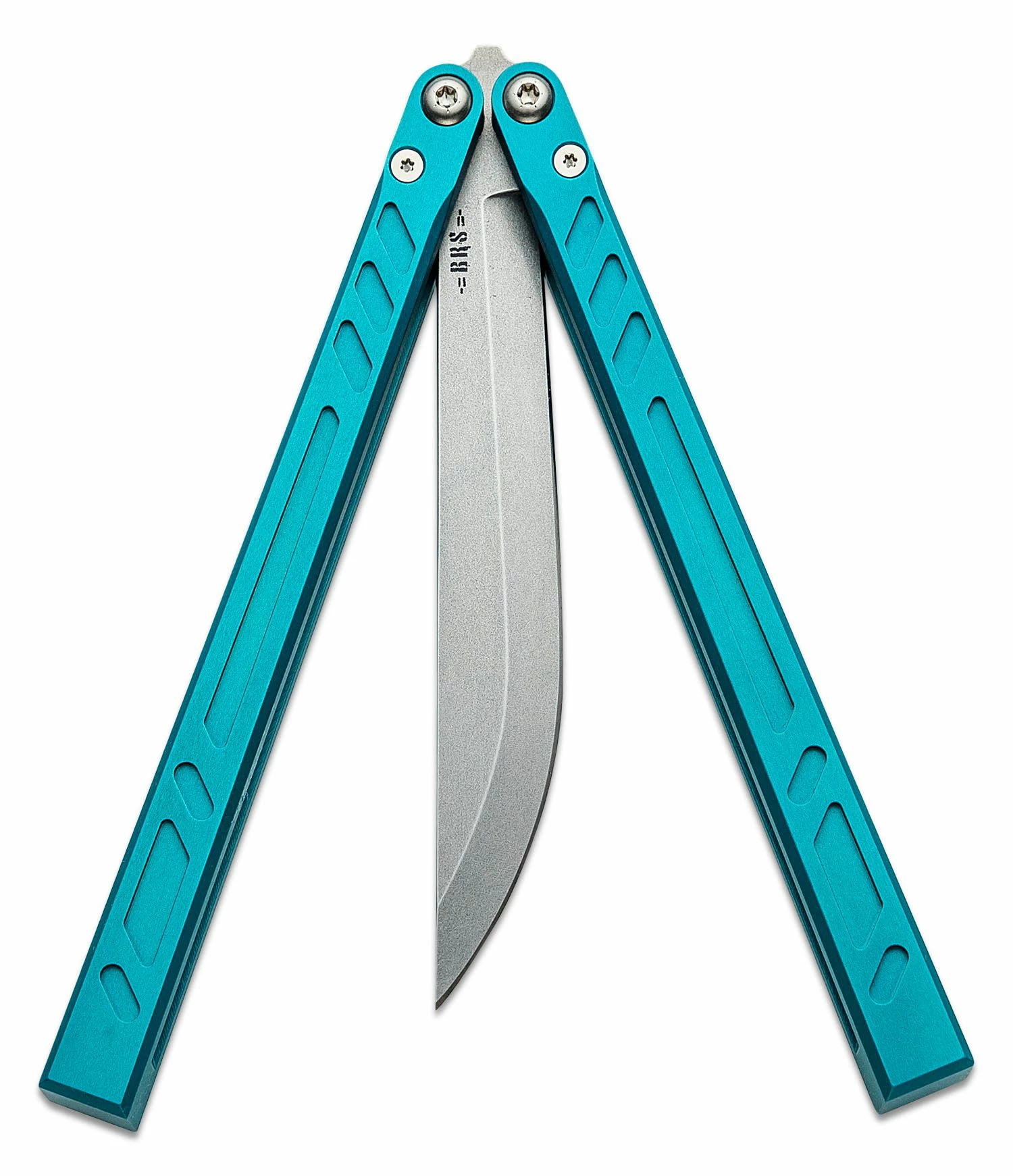 BRS Bladerunners Systems Barebones Balisong Butterfly Knife 4.5″ 154CM Stonewashed Bayonet Blade, Blue Channel Milled Aluminum Handles – Bushing Pivot 5 BRS Bladerunners Systems Barebones Balisong Butterfly Knife 4.5″ 154CM Stonewashed Bayonet Blade, Blue Channel Milled Aluminum Handles – Bushing Pivot - Image 3