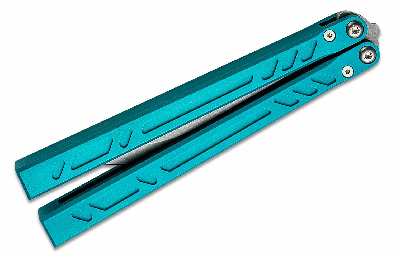 BRS Bladerunners Systems Barebones Balisong Butterfly Knife 4.5″ 154CM Stonewashed Bayonet Blade, Blue Channel Milled Aluminum Handles – Bushing Pivot 6 BRS Bladerunners Systems Barebones Balisong Butterfly Knife 4.5″ 154CM Stonewashed Bayonet Blade, Blue Channel Milled Aluminum Handles – Bushing Pivot - Image 4