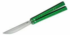 BRS Bladerunners Systems Barebones Balisong Butterfly Knife 4.5″ 154CM Stonewashed Bayonet Blade, Green Channel Milled Aluminum Handles – Bushing Pivot