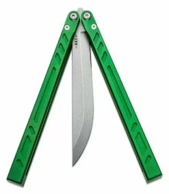 BRS Bladerunners Systems Barebones Balisong Butterfly Knife 4.5″ 154CM Stonewashed Bayonet Blade, Green Channel Milled Aluminum Handles – Bushing Pivot -SANFORD CUSTOM KNIVES Sales BRSBBALCGR 3