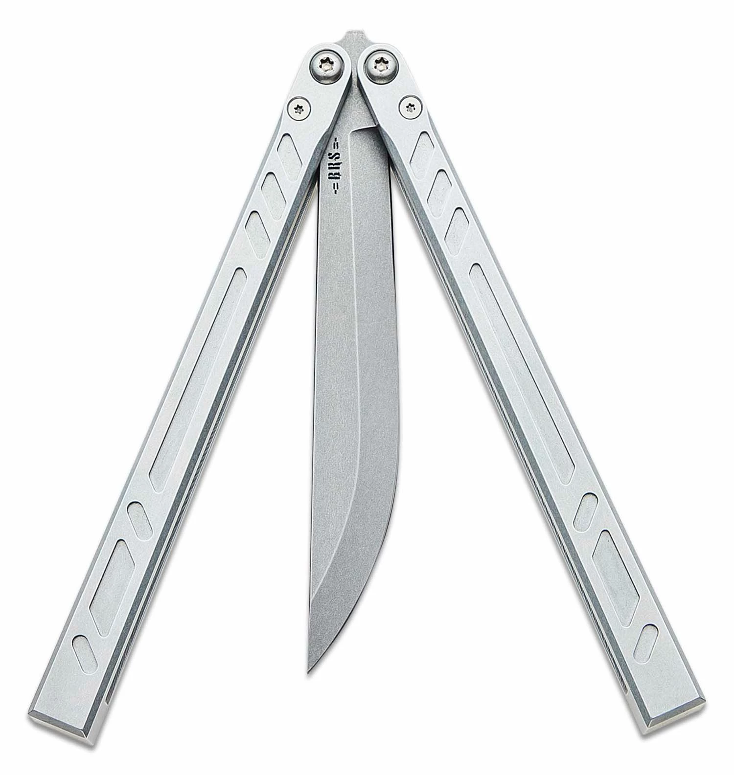 BRS Bladerunners Systems Barebones Balisong Butterfly Knife 4.5″ 154CM Stonewashed Bayonet Blade, Channel Milled Aluminum Handles – Bushing Pivot 5 BRS Bladerunners Systems Barebones Balisong Butterfly Knife 4.5″ 154CM Stonewashed Bayonet Blade, Channel Milled Aluminum Handles – Bushing Pivot - Image 3