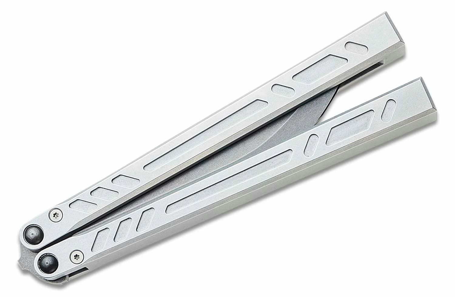 BRS Bladerunners Systems Barebones Balisong Butterfly Knife 4.5″ 154CM Stonewashed Bayonet Blade, Channel Milled Aluminum Handles – Bushing Pivot 6 BRS Bladerunners Systems Barebones Balisong Butterfly Knife 4.5″ 154CM Stonewashed Bayonet Blade, Channel Milled Aluminum Handles – Bushing Pivot - Image 4