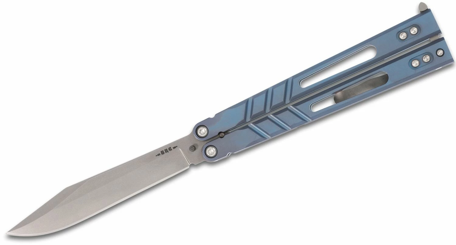 BRS Bladerunners Systems Premium Alpha Beast Balisong Butterfly 4.5″ 154CM Alt Blade, Blue Anodized Titanium Handles 3 BRS Bladerunners Systems Premium Alpha Beast Balisong Butterfly 4.5″ 154CM Alt Blade, Blue Anodized Titanium Handles