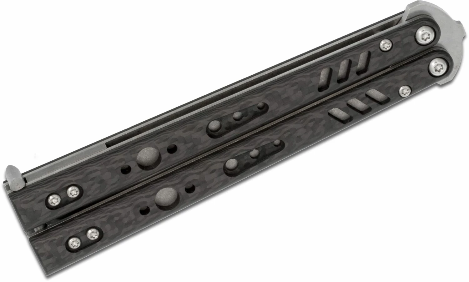 BRS Bladerunners Systems Carbon Fiber Replicant Balisong Butterfly 4.55″ 154CM Clip Point Tanto Blade, Carbon Fiber Handles 5 BRS Bladerunners Systems Carbon Fiber Replicant Balisong Butterfly 4.55″ 154CM Clip Point Tanto Blade, Carbon Fiber Handles - Image 3