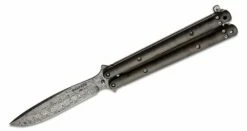 Craig Camerer Custom Balisong Butterfly Knife 4.625″ Camerer 1080/15N20 Loki’s Ladder Damascus Drop Point Blade, Titanium Handles With Black Dunes FatCarbon Overlays