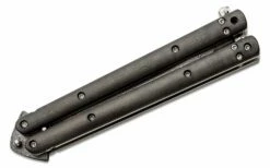 Craig Camerer Custom Balisong Butterfly Knife 4.625″ Camerer 1080/15N20 Loki’s Ladder Damascus Drop Point Blade, Titanium Handles With Black Dunes FatCarbon Overlays -SANFORD CUSTOM KNIVES Sales CRCBALIOLBDFC 4