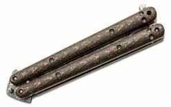 Craig Camerer Custom Balisong Butterfly Knife 4.625″ Camerer 1080/15N20 Twisted “W” Damascus Wharncliffe Blade, Titanium Handles With Copper Snakeskin FatCarbon Overlays -SANFORD CUSTOM KNIVES Sales CRCBALIOLCSS 4