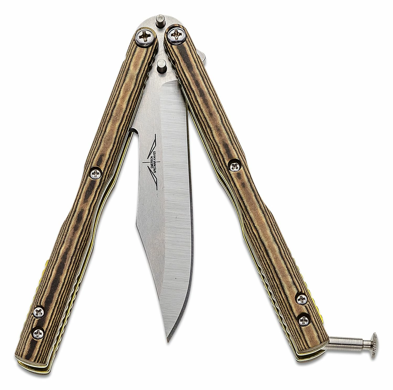 Emerson Custom Bali-Bowie Butterfly Knife 4″ Stonewashed Clip Point Blade With Wave, Maple Richlite Handles With Gold Accents – Balisong 4 Emerson Custom Bali-Bowie Butterfly Knife 4″ Stonewashed Clip Point Blade With Wave, Maple Richlite Handles With Gold Accents – Balisong - Image 2