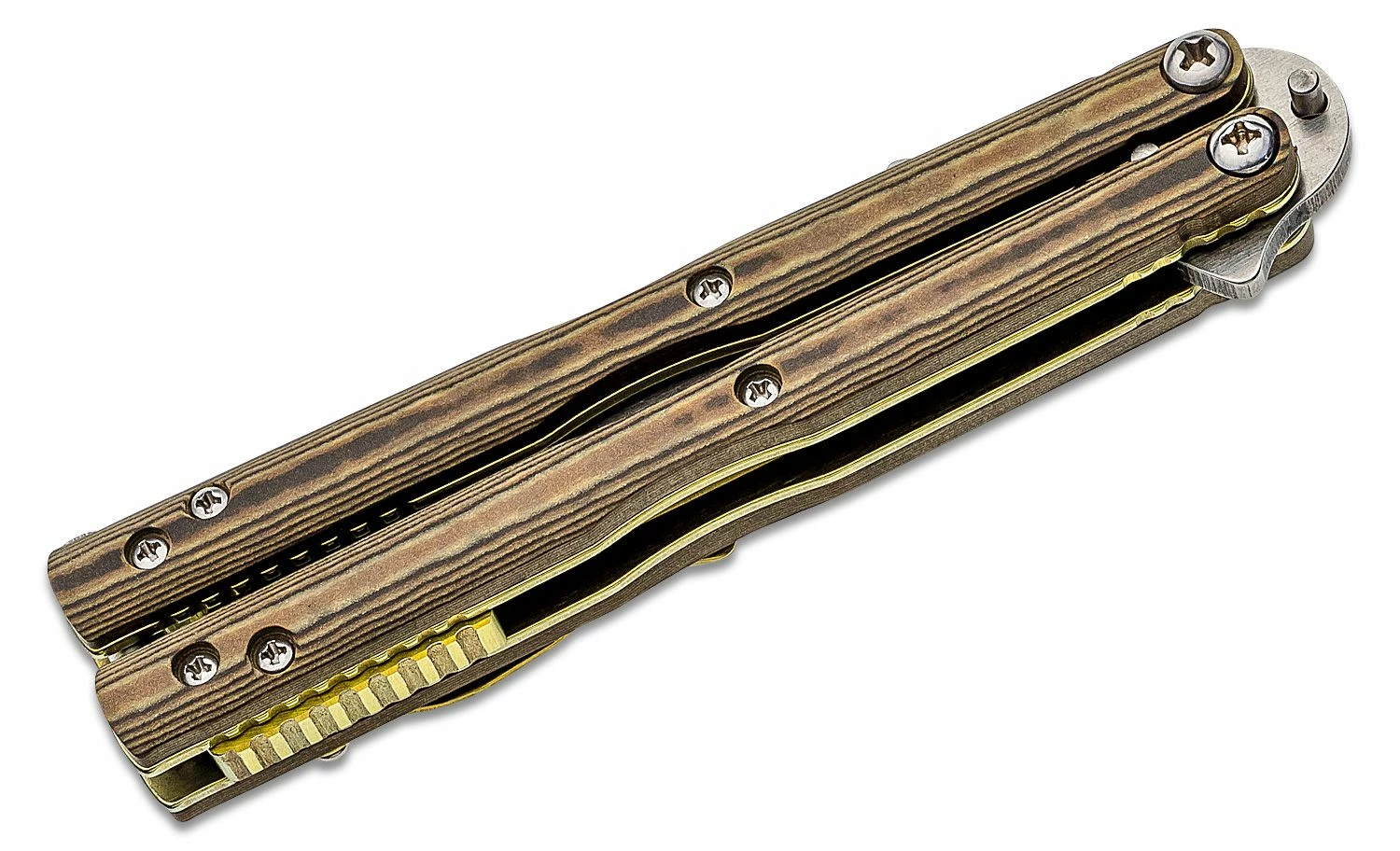 Emerson Custom Bali-Bowie Butterfly Knife 4″ Stonewashed Clip Point Blade With Wave, Maple Richlite Handles With Gold Accents – Balisong 5 Emerson Custom Bali-Bowie Butterfly Knife 4″ Stonewashed Clip Point Blade With Wave, Maple Richlite Handles With Gold Accents – Balisong - Image 3