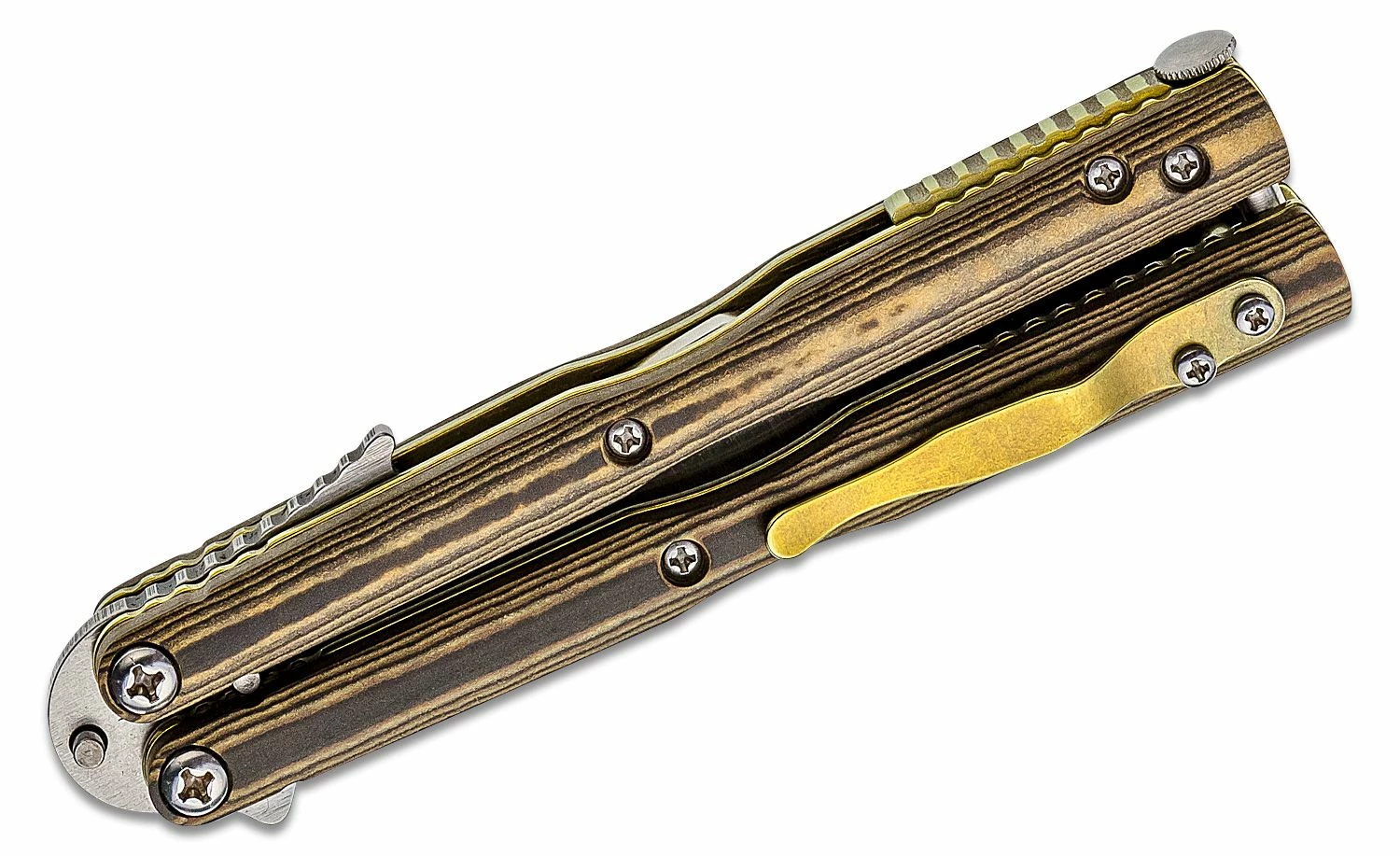 Emerson Custom Bali-Bowie Butterfly Knife 4″ Stonewashed Clip Point Blade With Wave, Maple Richlite Handles With Gold Accents – Balisong 6 Emerson Custom Bali-Bowie Butterfly Knife 4″ Stonewashed Clip Point Blade With Wave, Maple Richlite Handles With Gold Accents – Balisong - Image 4