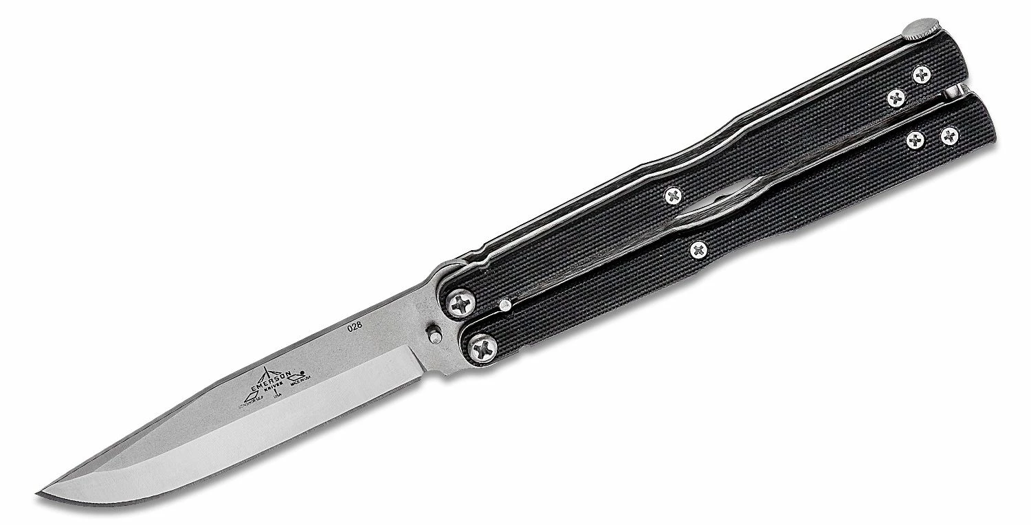 Emerson Hand-Ground Bali-Longhorse Butterfly Knife 4″ Stonewashed Drop Point Blade, Black G10 Handles – Balisong 3 Emerson Hand-Ground Bali-Longhorse Butterfly Knife 4″ Stonewashed Drop Point Blade, Black G10 Handles – Balisong
