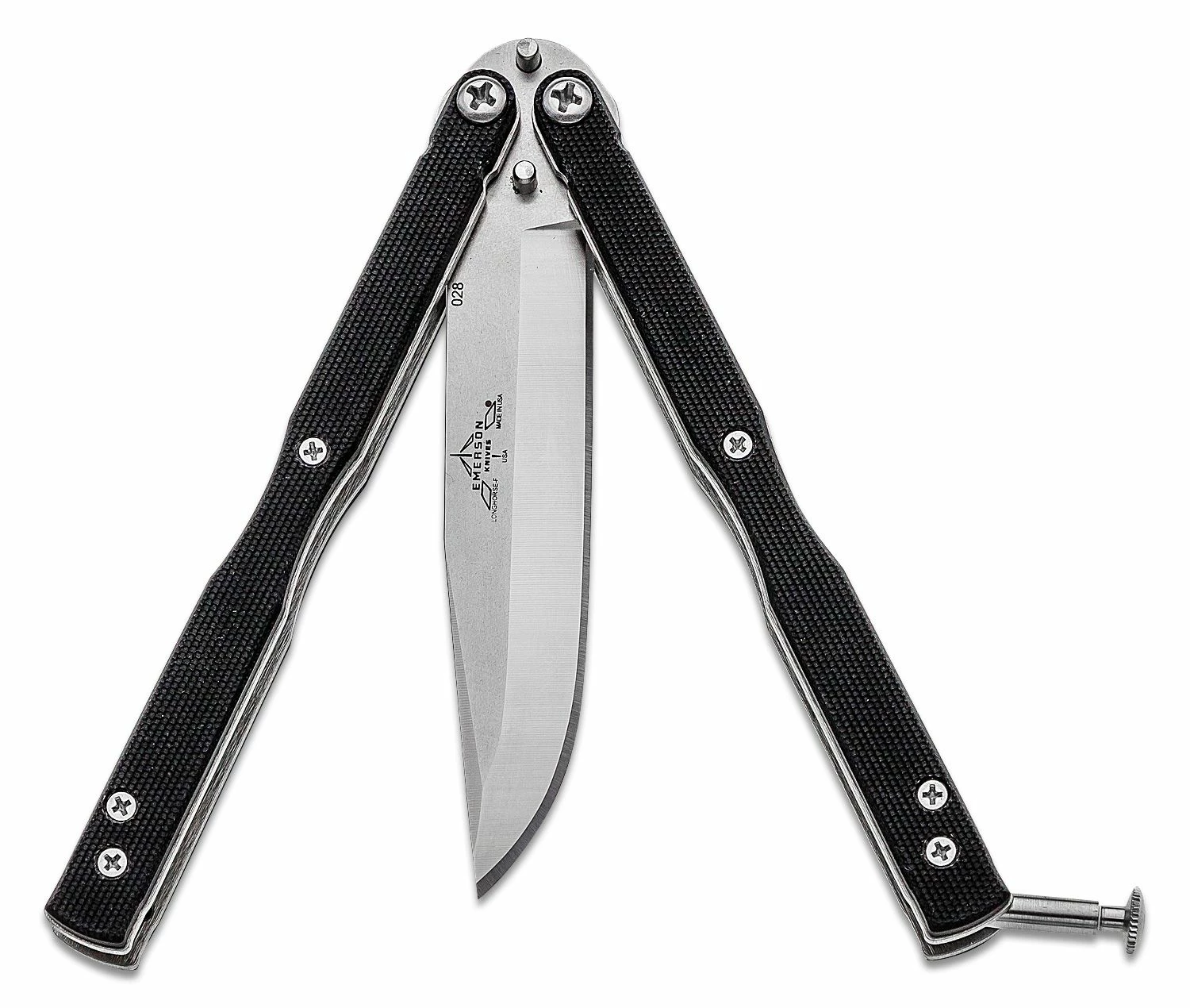Emerson Hand-Ground Bali-Longhorse Butterfly Knife 4″ Stonewashed Drop Point Blade, Black G10 Handles – Balisong 4 Emerson Hand-Ground Bali-Longhorse Butterfly Knife 4″ Stonewashed Drop Point Blade, Black G10 Handles – Balisong - Image 2
