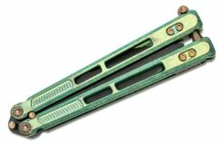 EOS Trident Balisong Butterfly Knife 4.15″ S30V Black Harpoon Blade, Antique Green Milled Titanium Handles, Bronze Hardware -SANFORD CUSTOM KNIVES Sales EOSTRDTAGRBK 4