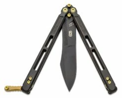 EOS Trident Balisong Butterfly Knife 4.15″ S30V Black Harpoon Blade, Black Milled Titanium Handles, Gold Hardware -SANFORD CUSTOM KNIVES Sales EOSTRDTBKGDn 3