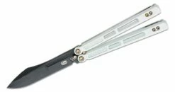EOS Trident Balisong Butterfly Knife 4.15″ S30V Black Harpoon Blade, White Milled Titanium Handles, Bronze Hardware