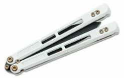 EOS Trident Balisong Butterfly Knife 4.15″ S30V Black Harpoon Blade, White Milled Titanium Handles, Bronze Hardware -SANFORD CUSTOM KNIVES Sales EOSTRDTWHT 4