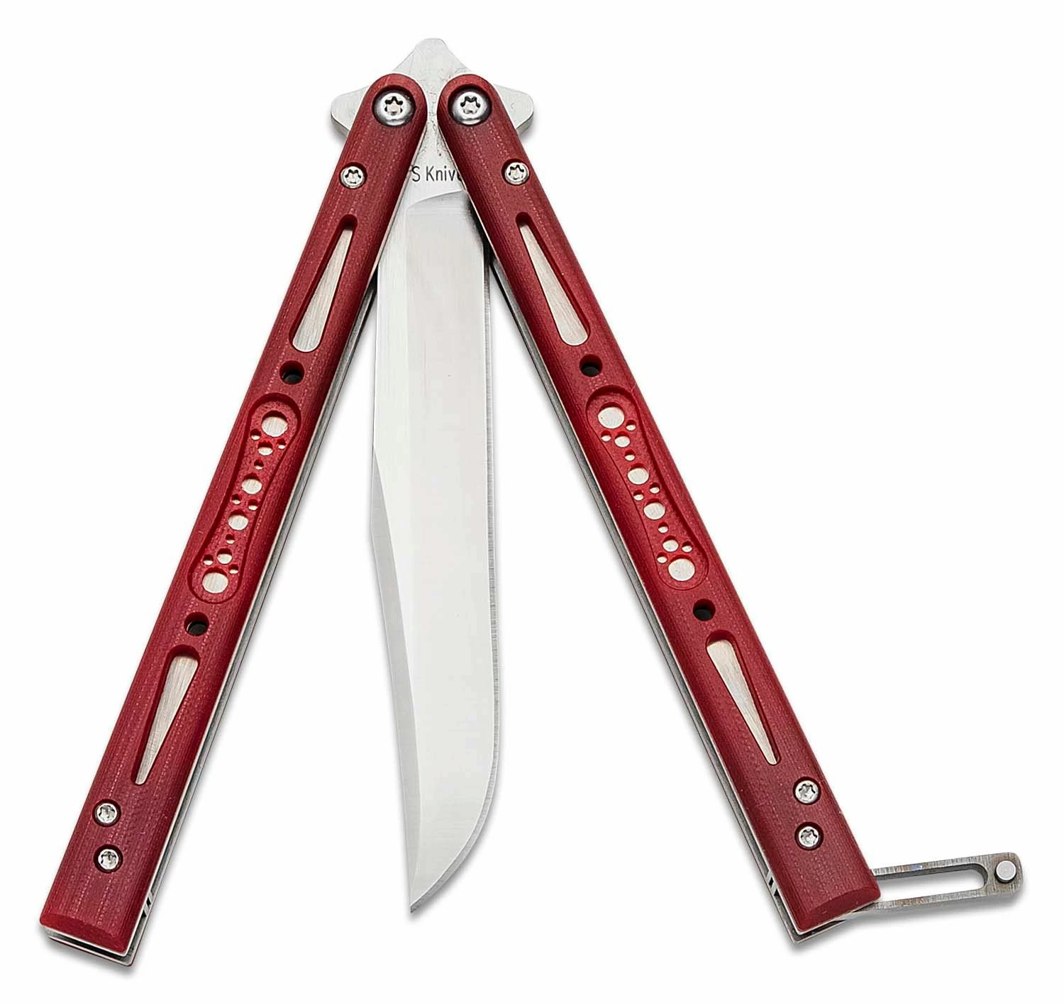 EPS Knives G10 Wraith Balisong Butterfly 4.6″ 154CM Satin Bowie Blade, Ruby G10 Handles – Bushing Pivot 5 EPS Knives G10 Wraith Balisong Butterfly 4.6″ 154CM Satin Bowie Blade, Ruby G10 Handles – Bushing Pivot - Image 3