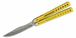 Heibel Knives Invictus Balisong #100 Butterfly Knife 4.75″ RWL-34 Acid Washed Harpoon Blade, Gold Integral Tapered Full Channel Titanium Handles