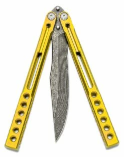 Heibel Knives Invictus Balisong #100 Butterfly Knife 4.75″ RWL-34 Acid Washed Harpoon Blade, Gold Integral Tapered Full Channel Titanium Handles -SANFORD CUSTOM KNIVES Sales HEIINV100 3