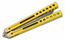 Heibel Knives Invictus Balisong #100 Butterfly Knife 4.75″ RWL-34 Acid Washed Harpoon Blade, Gold Integral Tapered Full Channel Titanium Handles -SANFORD CUSTOM KNIVES Sales HEIINV100 4