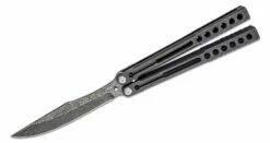 Heibel Knives Invictus Balisong #102 Butterfly Knife 4.75″ RWL-34 Acid Washed Harpoon Blade, Blackened Integral Tapered Full Channel Titanium Handles