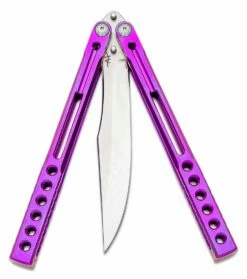 Heibel Knives Invictus Balisong #103 Butterfly Knife 4.75″ RWL-34 Stonewashed Harpoon Blade, Violet Integral Tapered Full Channel Titanium Handles -SANFORD CUSTOM KNIVES Sales HEIINV103 3