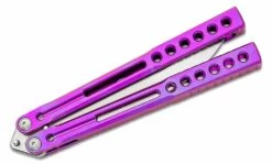 Heibel Knives Invictus Balisong #103 Butterfly Knife 4.75″ RWL-34 Stonewashed Harpoon Blade, Violet Integral Tapered Full Channel Titanium Handles -SANFORD CUSTOM KNIVES Sales HEIINV103 4