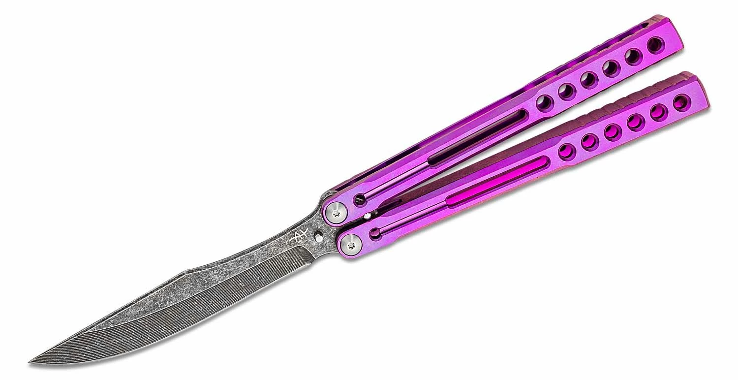 Heibel Knives Invictus Balisong #104 Butterfly Knife 4.75″ RWL-34 Acid Washed Harpoon Blade, Violet Integral Tapered Full Channel Titanium Handles 3 Heibel Knives Invictus Balisong #104 Butterfly Knife 4.75″ RWL-34 Acid Washed Harpoon Blade, Violet Integral Tapered Full Channel Titanium Handles