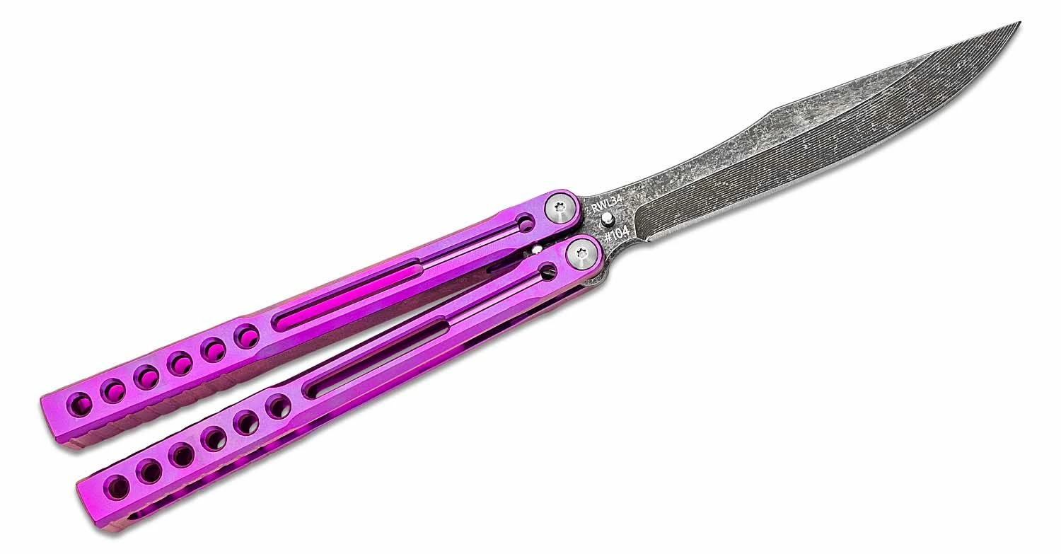 Heibel Knives Invictus Balisong #104 Butterfly Knife 4.75″ RWL-34 Acid Washed Harpoon Blade, Violet Integral Tapered Full Channel Titanium Handles 4 Heibel Knives Invictus Balisong #104 Butterfly Knife 4.75″ RWL-34 Acid Washed Harpoon Blade, Violet Integral Tapered Full Channel Titanium Handles - Image 2