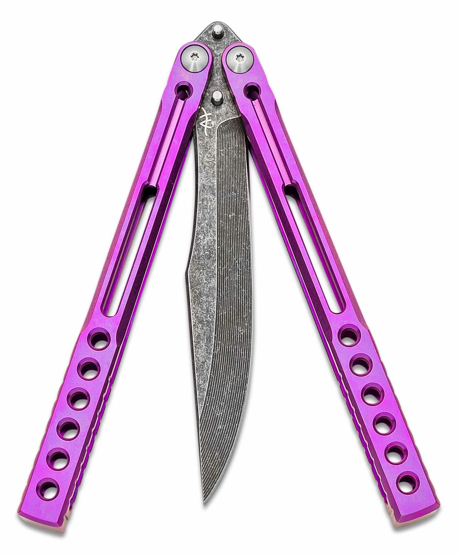 Heibel Knives Invictus Balisong #104 Butterfly Knife 4.75″ RWL-34 Acid Washed Harpoon Blade, Violet Integral Tapered Full Channel Titanium Handles 5 Heibel Knives Invictus Balisong #104 Butterfly Knife 4.75″ RWL-34 Acid Washed Harpoon Blade, Violet Integral Tapered Full Channel Titanium Handles - Image 3