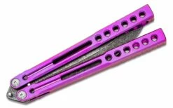 Heibel Knives Invictus Balisong #104 Butterfly Knife 4.75″ RWL-34 Acid Washed Harpoon Blade, Violet Integral Tapered Full Channel Titanium Handles 9 Heibel Knives Invictus Balisong #104 Butterfly Knife 4.75″ RWL-34 Acid Washed Harpoon Blade, Violet Integral Tapered Full Channel Titanium Handles -SANFORD CUSTOM KNIVES Sales HEIINV104 4 1