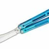 Heibel Knives Invictus Balisong #105 Butterfly Knife 4.75″ RWL-34 Stonewashed Harpoon Blade, Blue Integral Tapered Full Channel Titanium Handles