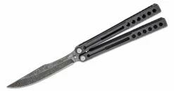 Heibel Knives Invictus Balisong #106 Butterfly Knife 4.75″ RWL-34 Acid Washed Harpoon Blade, Blackened Integral Tapered Full Channel Titanium Handles