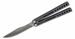 Heibel Knives Invictus Balisong #108 Butterfly Knife 4.75″ RWL-34 Acid Washed Harpoon Blade, Blackened Integral Tapered Full Channel Titanium Handles