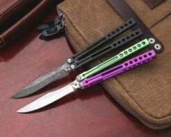 Heibel Knives Invictus Balisong #108 Butterfly Knife 4.75″ RWL-34 Acid Washed Harpoon Blade, Blackened Integral Tapered Full Channel Titanium Handles -SANFORD CUSTOM KNIVES Sales HEIINV108 HEIINV111 LSR41