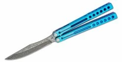 Heibel Knives Invictus Balisong #110 Butterfly Knife 4.75″ RWL-34 Acid Washed Harpoon Blade, Blue Integral Tapered Full Channel Titanium Handles