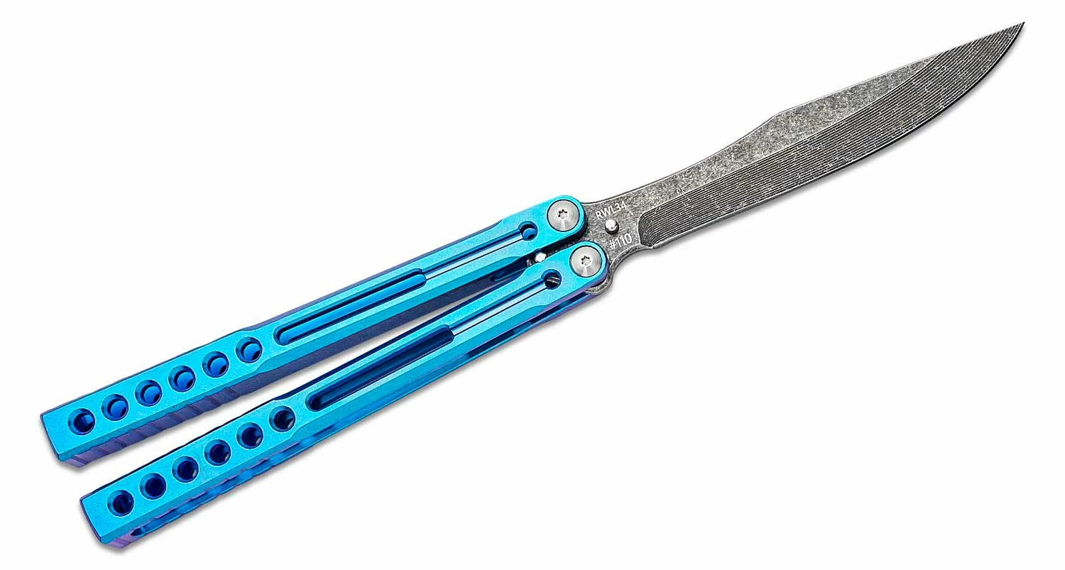 Heibel Knives Invictus Balisong #110 Butterfly Knife 4.75″ RWL-34 Acid Washed Harpoon Blade, Blue Integral Tapered Full Channel Titanium Handles 4 Heibel Knives Invictus Balisong #110 Butterfly Knife 4.75″ RWL-34 Acid Washed Harpoon Blade, Blue Integral Tapered Full Channel Titanium Handles - Image 2