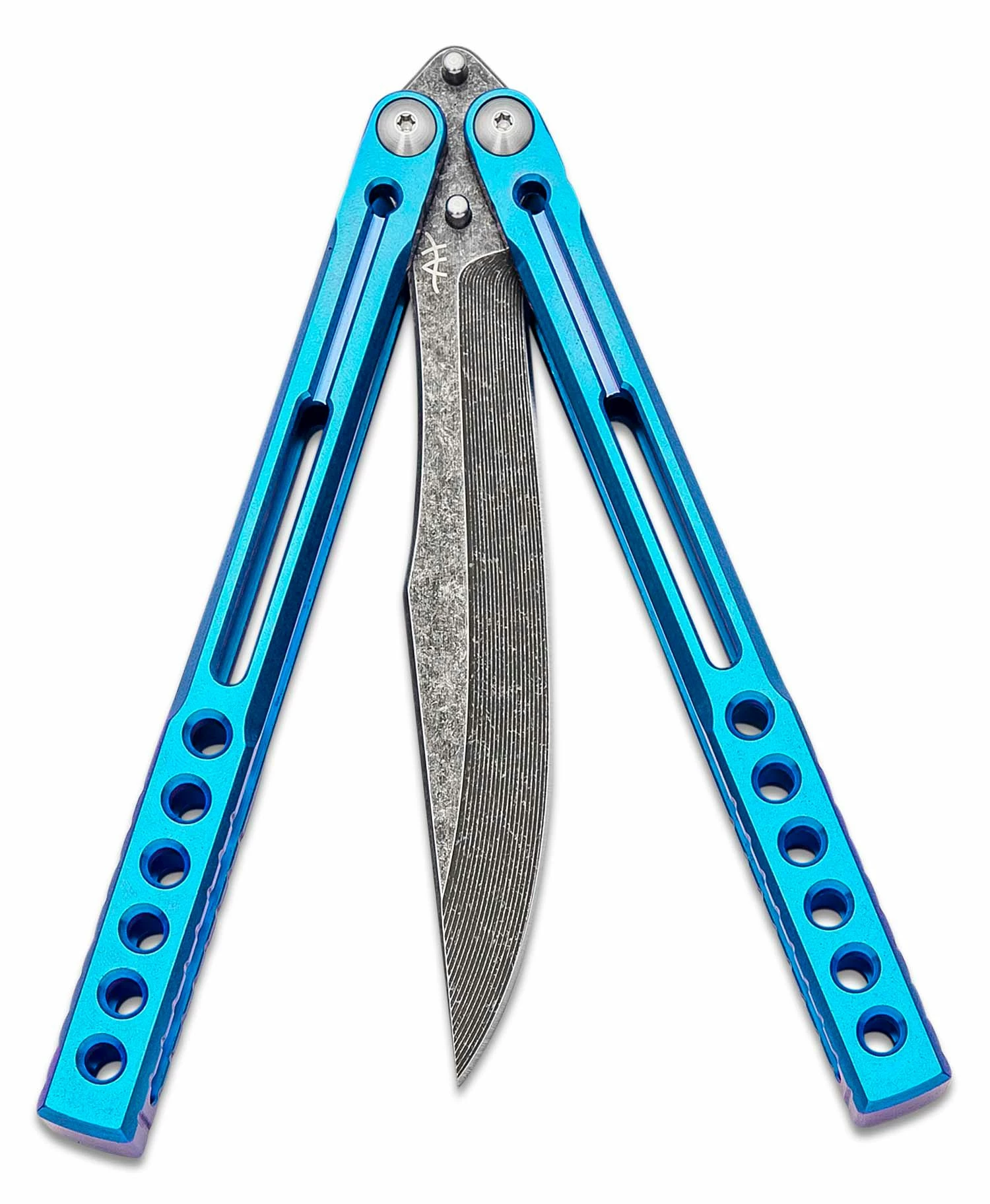 Heibel Knives Invictus Balisong #110 Butterfly Knife 4.75″ RWL-34 Acid Washed Harpoon Blade, Blue Integral Tapered Full Channel Titanium Handles 5 Heibel Knives Invictus Balisong #110 Butterfly Knife 4.75″ RWL-34 Acid Washed Harpoon Blade, Blue Integral Tapered Full Channel Titanium Handles - Image 3