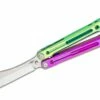 Heibel Knives Invictus Balisong #111 Butterfly Knife 4.75″ RWL-34 Stonewashed Harpoon Blade, Green And Violet Integral Tapered Full Channel Titanium Handles -SANFORD CUSTOM KNIVES Sales HEIINV111 1