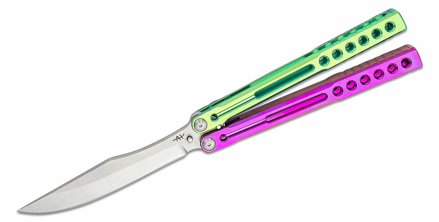 Heibel Knives Invictus Balisong #111 Butterfly Knife 4.75″ RWL-34 Stonewashed Harpoon Blade, Green And Violet Integral Tapered Full Channel Titanium Handles 3 Heibel Knives Invictus Balisong #111 Butterfly Knife 4.75″ RWL-34 Stonewashed Harpoon Blade, Green And Violet Integral Tapered Full Channel Titanium Handles