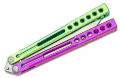 Heibel Knives Invictus Balisong #111 Butterfly Knife 4.75″ RWL-34 Stonewashed Harpoon Blade, Green And Violet Integral Tapered Full Channel Titanium Handles 7 Heibel Knives Invictus Balisong #111 Butterfly Knife 4.75″ RWL-34 Stonewashed Harpoon Blade, Green And Violet Integral Tapered Full Channel Titanium Handles -SANFORD CUSTOM KNIVES Sales HEIINV111 4