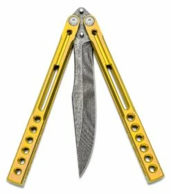 Heibel Knives Invictus Balisong #112 Butterfly Knife 4.75″ RWL-34 Acid Washed Harpoon Blade, Gold Integral Tapered Full Channel Titanium Handles
